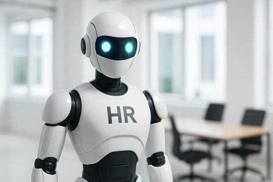Humanoid robot with hr designation in a modern office setting