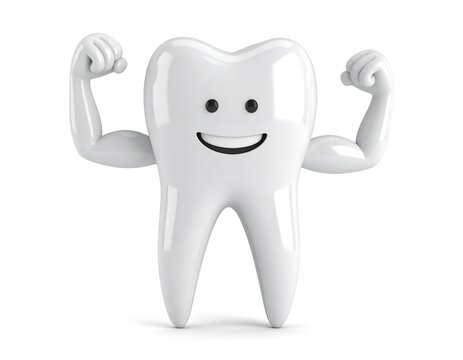 Shiny white tooth character smiling confidently, strong and clean, on white background.