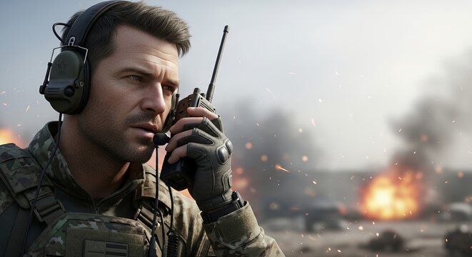 Soldier using military radio communication during combat operation - Powered by Adobe