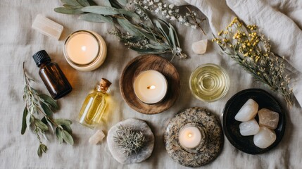 Natural aromatherapy items on a linen cloth