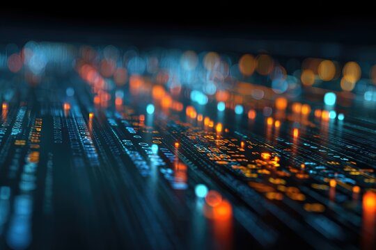 Abstract digital data stream, glowing with orange and blue light