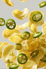 Fresh Yellow Tomato and Green Jalapeno Slices Falling on Light Background