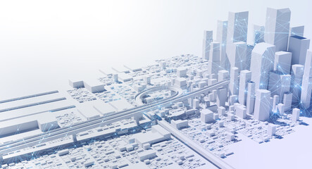 通信ネットワークでつながる未来型スマートシティの3D都市背景  © pascal