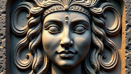Symmetrical face pattern, etched in stone, ancient style, culture, background, relief