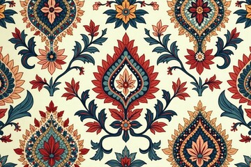 Symmetrical paisley and leaf damask pattern in muted tones , classic, texture, geometric
