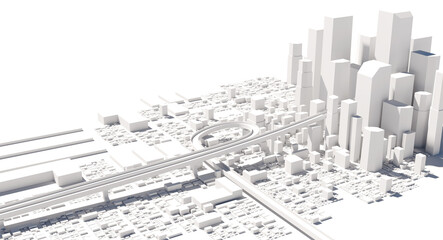 白背景に浮かぶ都市モデルと高層ビル群の3D
