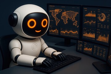 Friendly robot working on a computer with data visualizations on screens