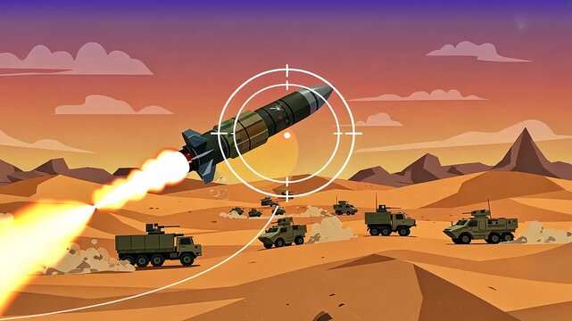 Missile launch in a desert landscape with military vehicles and mountains at sunset