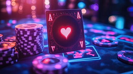 Neon casino poker chips and playing cards under glowing lights with gambling theme and high-stakes atmosphere