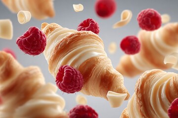 Delicious Croissants with Creamy Frosting Floating with Fresh Raspberries and White Chocolate Curls