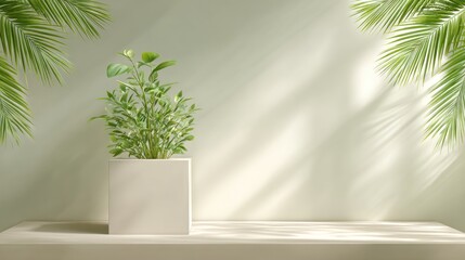 Square planter with tropical foliage against a pale green wall.