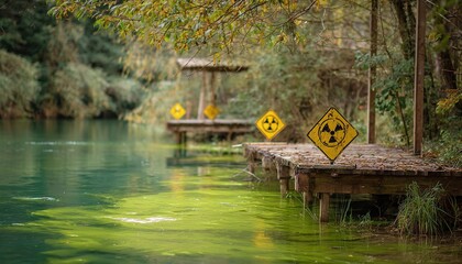 Weathered Radioactive Warning Signs on Abandoned Wooden Pier by Eerie Green Water