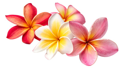 Fototapeta premium Plumeria Frangipani flowers red yellow pink isolated on white background PNG. AI GENERATED.