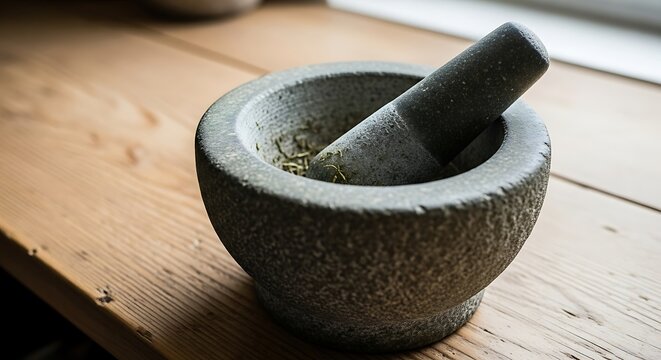 Close up granite mortar and pestle preparing herbs in rustic kitchen