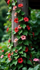Vines and flowers wrapped around a wooden column, column, plants