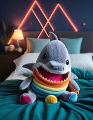 Kawaii shark plush, abstract geometric gradients, geometric shapes, circle, triangle