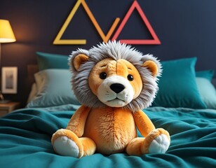 Kawaii lion plush, abstract geometric gradients, geometric shapes, circle, triangle