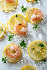 Cooked Shrimp and Fresh Lemon Slices with Water Drops on White Background