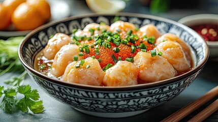 Orange dumplings served in bowl, offering vibrant culinary experience