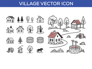 Fototapeta premium Farm and Agriculture Village - Set of Thin Line Vector Icons