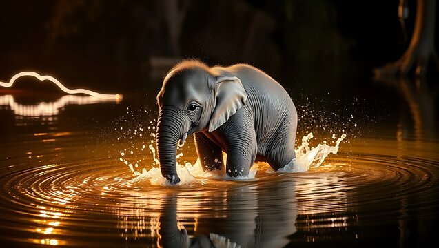 A young elephant wading through water with ripples and light reflecting on the surface at nighttime elephant wallpaper