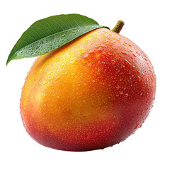 A ripe juicy mango with a green leaf and water droplets showcasing its vibrant colors and freshness isolated on transparent background