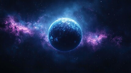Obraz premium Outer space planet scene with glowing celestial body, dark galaxy background, and sci-fi cosmic atmosphere