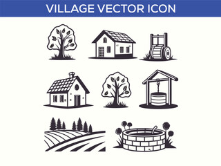 Fototapeta premium Farm and Agriculture Village - Set of Thin Line Vector Icons