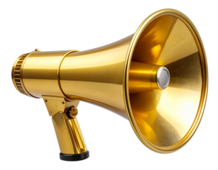 Shiny Gold Megaphone Horn with Smooth Reflective Surface, Front View, Isolated on Transparent Background.