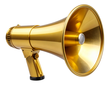  Shiny Gold Megaphone Horn with Smooth Reflective Surface, Front View, Isolated on Transparent Background.