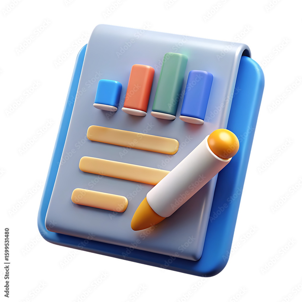 Poster 3d bar chart and checklist with marker on clipboard