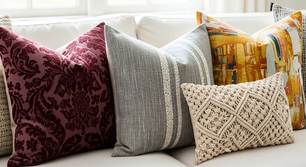 Decorative throw pillows on a sofa textured fabrics home decor interior design