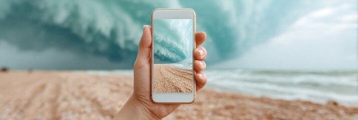 Fototapeta premium Professional Modern Smartphone Displaying Real-Time Typhoon Warning Over Rough Ocean High-Quality Seasonal Emergency Alert for Tech-Savvy Young Adults Marketing