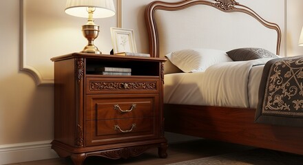 Fototapeta premium Elegant Wooden Nightstand with Bedside Lamp and Books