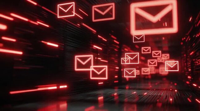 Digital Communication: Red Email Icons Speeding Through Virtual Space