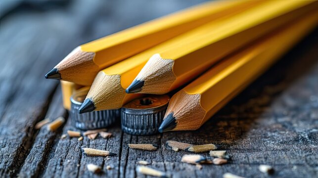 Pencils and metal sharpener flatlay on desk, creative writing or drawing supplies for school, office or art use