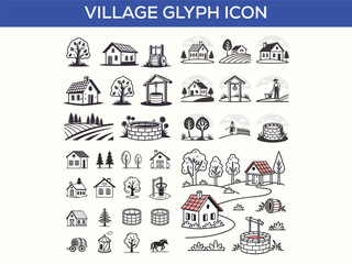 Fototapeta premium Farm and Agriculture Village - Set of Thin Line Vector Icons