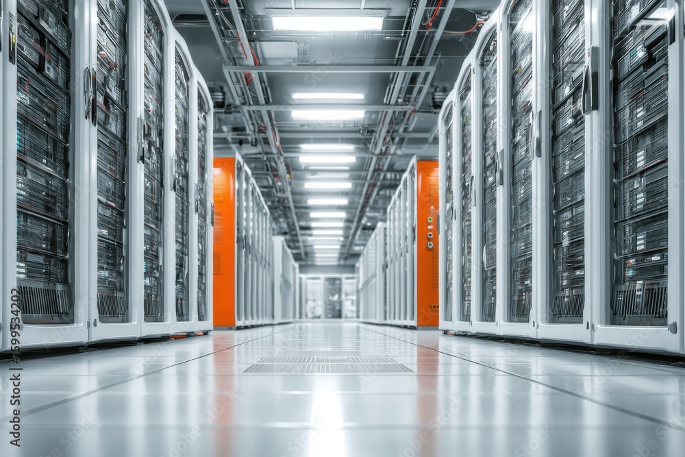 Poster modern professional data center with cyber attack prevention and streamlined server racks for reliab