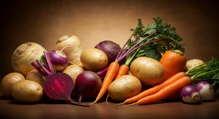 Assortment of Root Vegetables and Broccoli on Brown Background