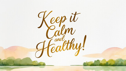  illustration of a minimalist pastel watercolor of morning sunrise with park and lake on the bottom , against a clean, crisp white backdrop, with the warm, golden “ Keep it calm and healthy!"