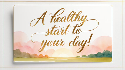 illustration of a pastel watercolor of morning sunrise with park on the bottom , against a clean, crisp white backdrop, with the warm, golden text “ A healthy start to your day!"