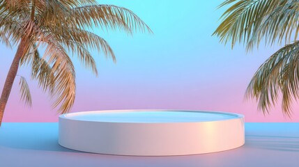 Fototapeta premium White circular platform with tropical palm trees in pastel colors.