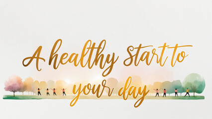 illustration of a pastel watercolor of people exercising in morning sunrise with park on the bottom , with the warm, golden text “ A healthy start to your day!"