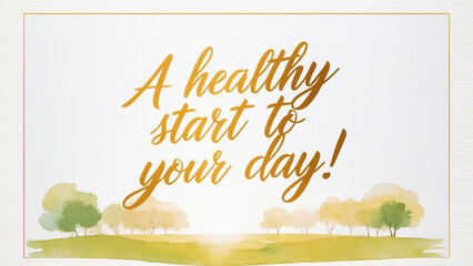 illustration of a pastel watercolor of morning sunrise with park on the bottom , against a clean, crisp white backdrop, with the warm, golden text “ A healthy start to your day!"