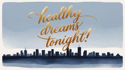 illustration of a minimalist watercolor of dark night city on the bottom , against a clean, crisp dark night backdrop, with the warm, gold “Healthy dreams tonight!" written in elegant, cursive script