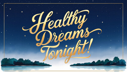 illustration of a minimalist watercolor of park and lake on the bottom , against a clean, crisp dark night backdrop, with the warm, golden “Healthy dreams tonight!" written in elegant, cursive script