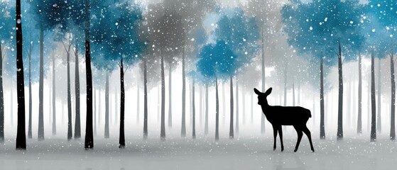 Deer Silhouette in Snowy Blue Forest - Tranquil Winter Scene with Falling Snow