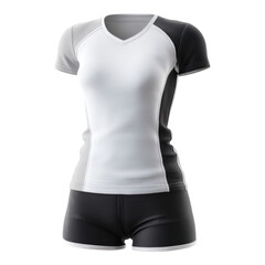 Woman volleyball sport uniform with white jersey and black short. Athletic apparel for team game isolated on white background
