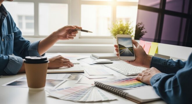 Creative Team Collaboration: Designers Reviewing Mobile Road Image and Color Palette