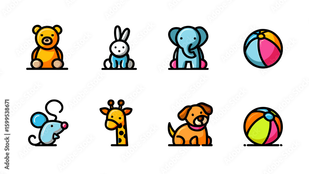 Poster collection of eight cartoon animal and ball icons in a row on a plain setting display image view